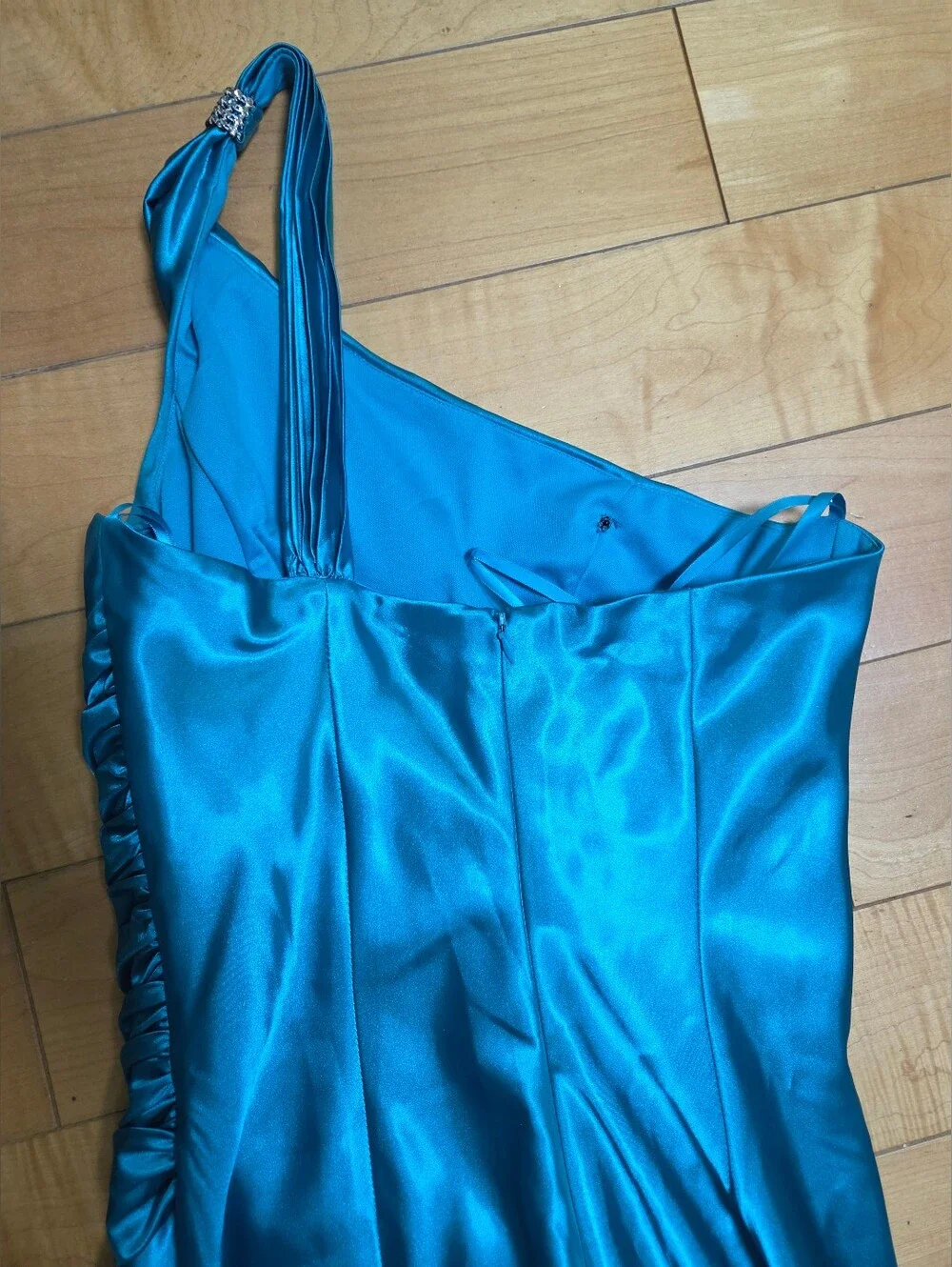 Jovani Teal Satin One Shoulder Prom Dress Rhinestone Formal Gown S - Picture 10 of 11